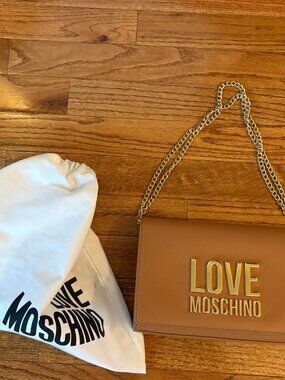 Love Moschino Light Brown Crossbody Bag with Gold Chain